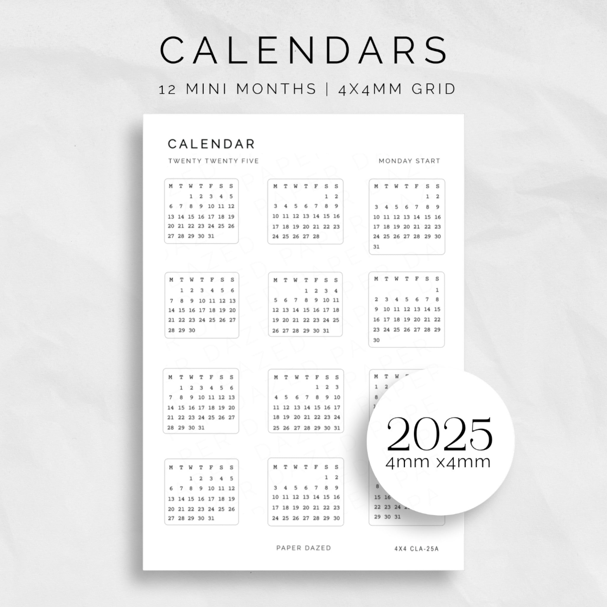 4x4mm 2025 Mini Calendar Stickers Paper Dazed