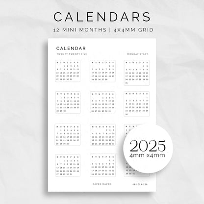 4x4mm 2025 Mini Calendar Stickers