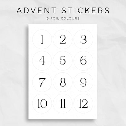 12 FOILED ADVENT CALENDAR STICKERS IN 6 COLOURS 