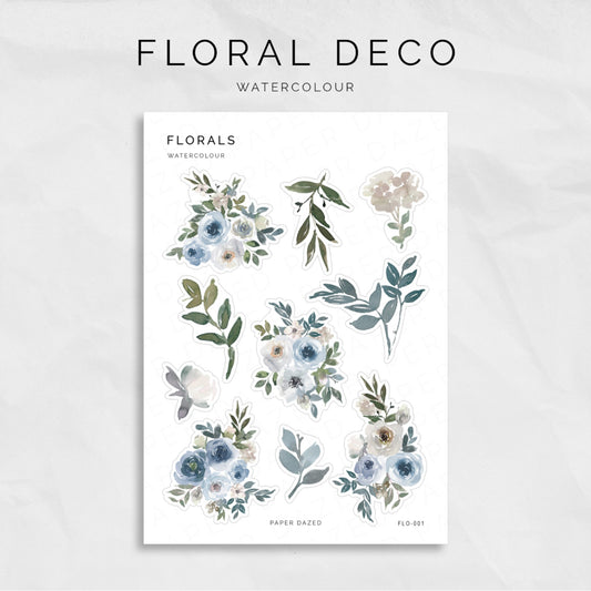 Blue Watercolour Floral Deco Sticker Sheet