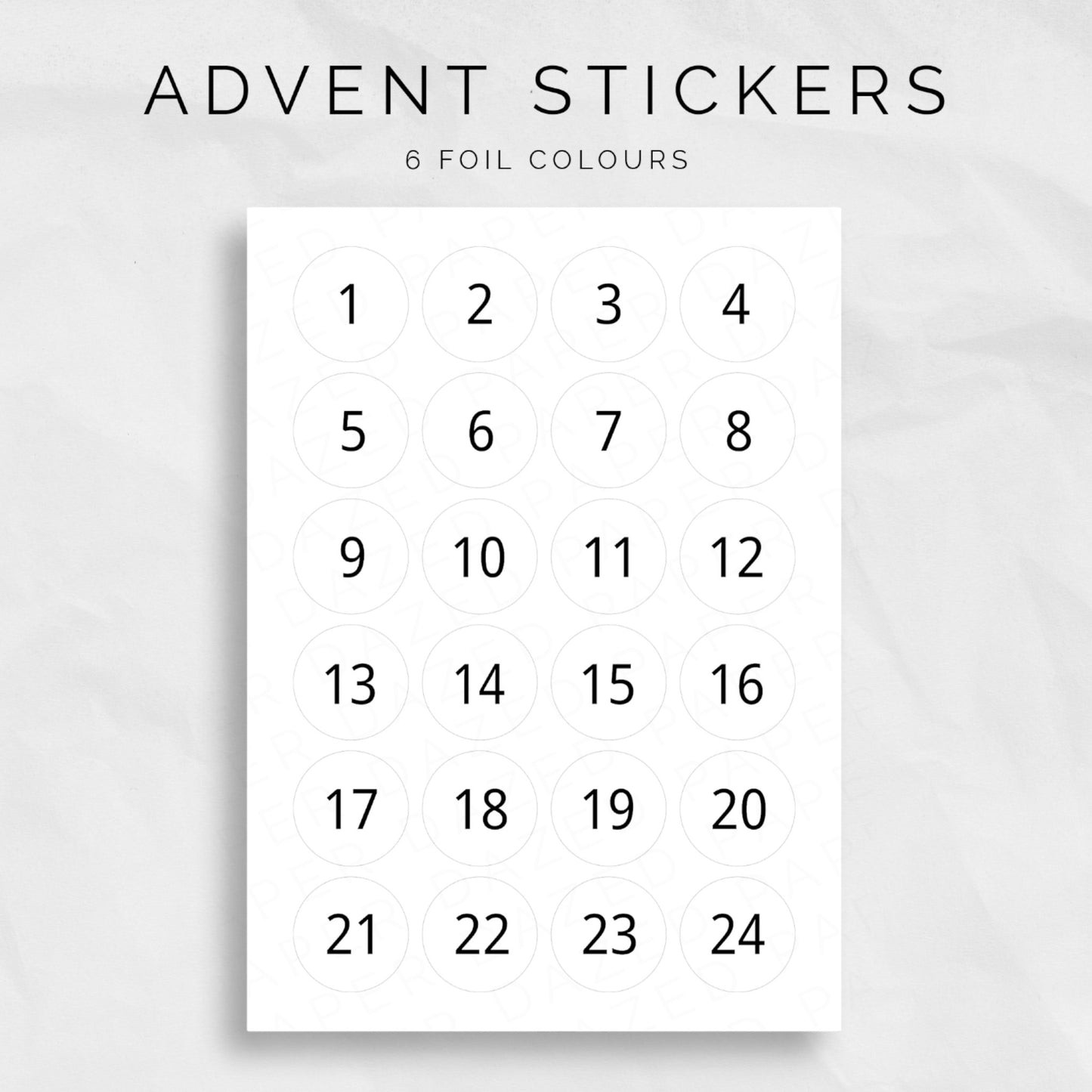 24 san serif number advent calendar stickers in 6 foil colour options 