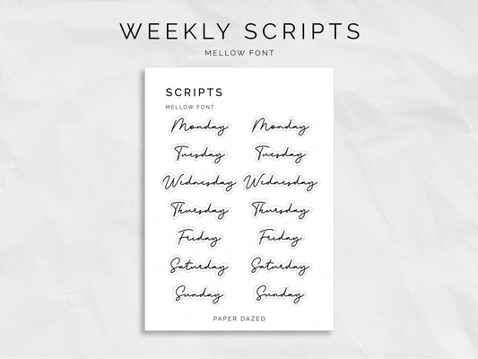 Weekly Script Stickers - MELLOW Font